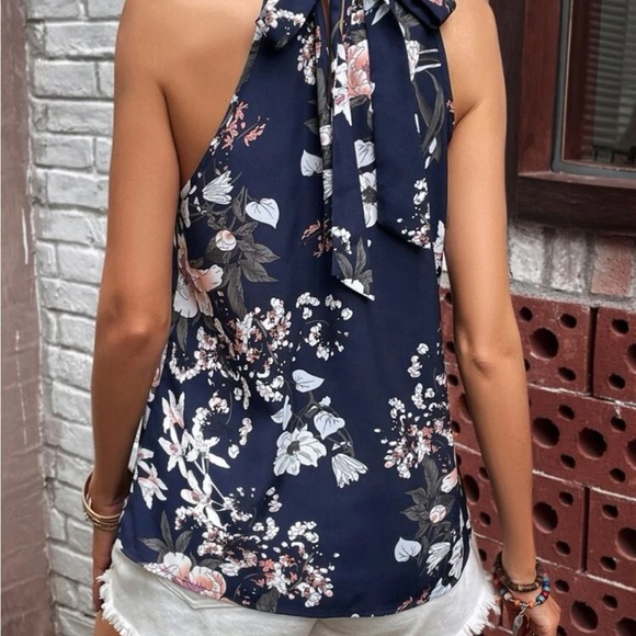 New navy blue floral print sleeveless halter top - Picture 8 of 8